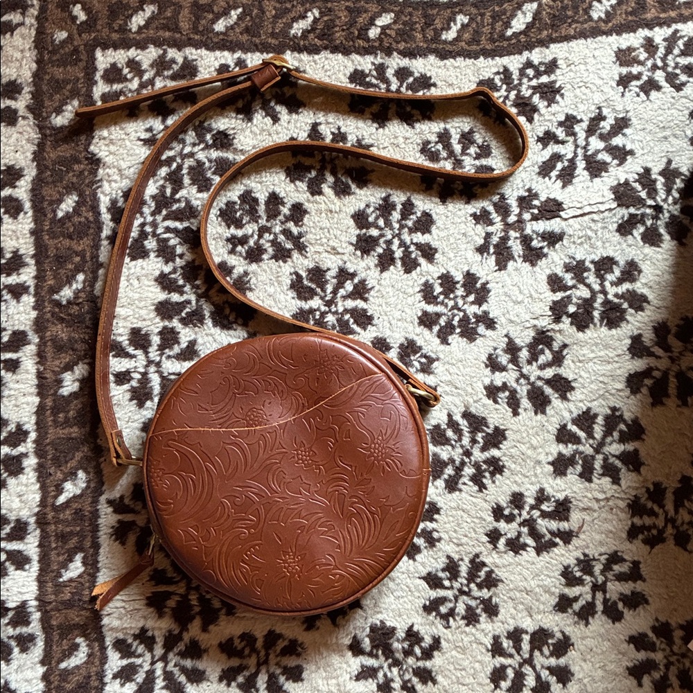Portland Leather Round Tooled Crossbody Bag in Cognac Brown - Picture 2 of 9